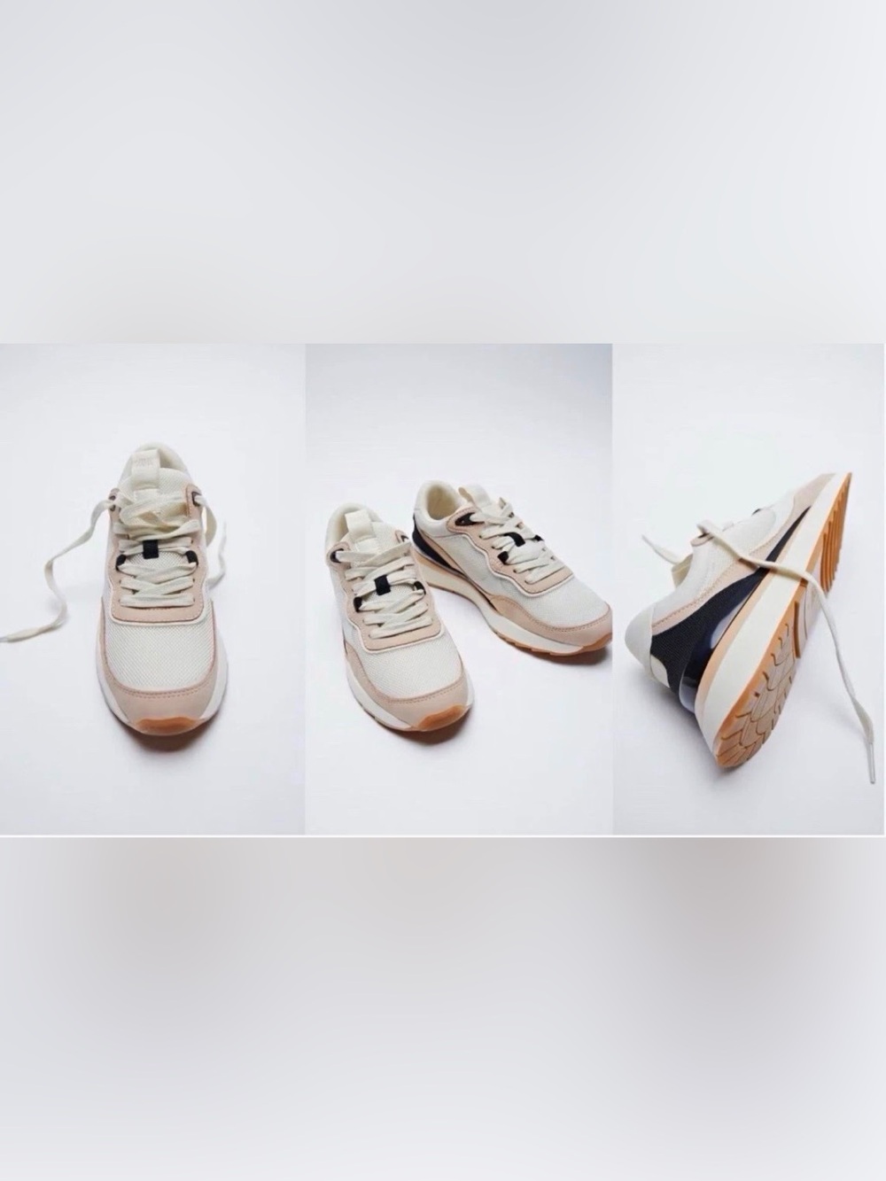 ZARA womens Low Top Lace-Up Athletic Sneakers Beige/White/Black Rubber 8 -38